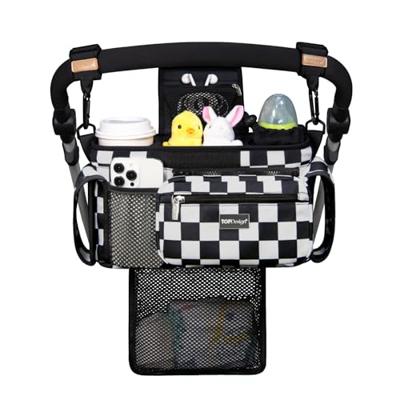 TOPDesign Universal Baby Stroller Organizer, Stroller Caddy with Detachable Mesh Bag & Heightened Insulated Cup Holders & Non-Slip Secure Hooks Access