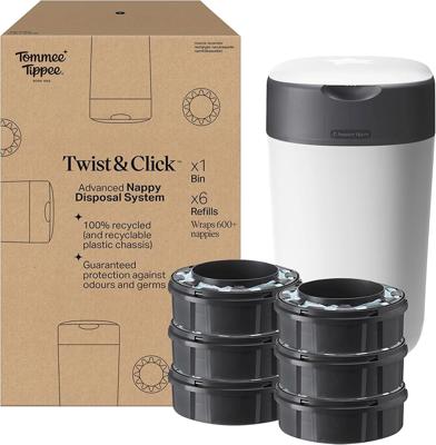 Tommee Tippee Twist and Click Nappy Bin Starter Set, 6x Refill Cassettes with Multilayer, Antibacterial Film, 100% Recycled Chassis, White : Amazon.co