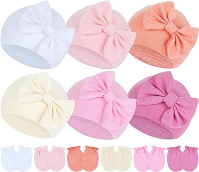 Cinaci 6 Sets Stretchy Soft Cotton Bow Turban Hats and No Scratch Mittens Nursery Hospital Caps Bonnets Beanies Gloves Set for 0-6 Months Baby Girls N