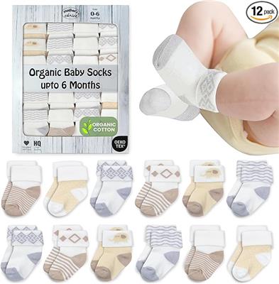 Mothers Choice Organic Cotton Baby Socks, 12 Pairs, Unisex 0-6 Months - Soft, Hypoallergenic Newborn & Infant Socks - Baby Girl & Boy Gifts, (12Pcs,