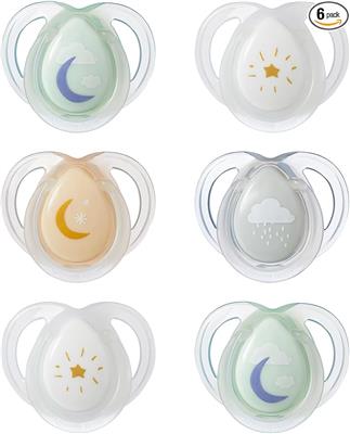 Tommee Tippee Nighttime Soothers, 0-6m, 6 Pack, Glow in The Dark, Varied Colours and Designs, Symmetrical Orthodontic Dummy, BPA-Free Silicone Teat :