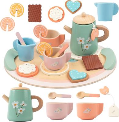 Amazon.com: KDSFT Tea Party Set for Little Girls, Wooden Kids Tea Set with Teapot Cups Coasters Carrying Dessert, Picnic Outdoor Toys Pretend Play Kit