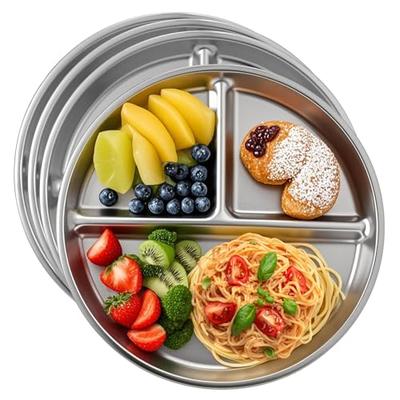 4pcs 304 Stainless Steel Kids Plates，9Non-Toxic Circular Portion Control Plate，Suitable For Children To Use,Portion Plates For Weight Loss Adults，Reu
