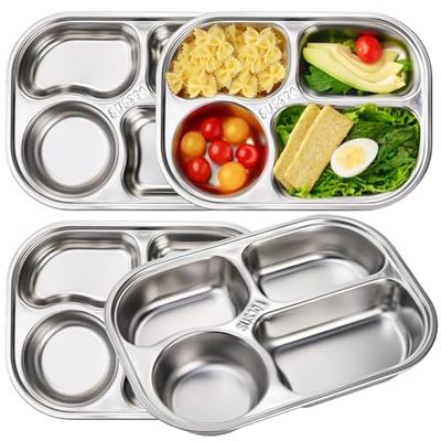 DEAYOU 4 Pack 18/10 Stainless Steel Divided Plate, Small Child Plate with 4-Compartment, Portion Control Serving Platter, Mess Food Sectioned Tray for