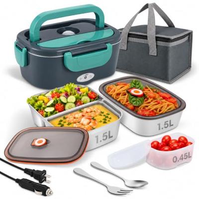 Electric Lunch Box Food Heater with Dual Containers, Green | 1.5L 304 conatiners with lids, 80W 12V/24V/110V food warmer for adults car truck office