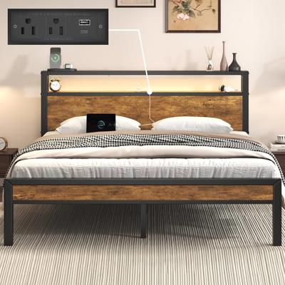Amazon.com: E-Motie Full Size Bed Frame with LED Lights and Charging Station, Wood Storage Headboard with 2-Tier Shelves, Heavy Duty Metal Slats, No B