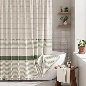 Amazon.com: AmazerBath Boho Shower Curtain, Modern Farmhouse Shower Curtain Set with Tassels, Rustic Faux Linen Green Striped Shower Curtain with Hook