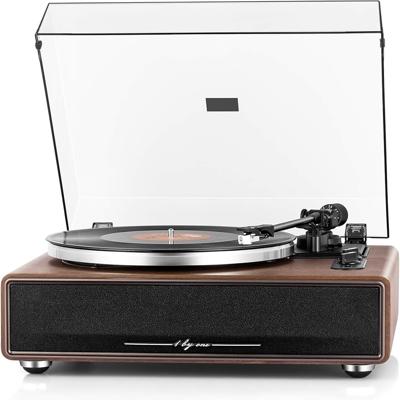Amazon.com: 1 by ONE High Fidelity Belt Drive Turntable with Built-in Speakers, Vinyl Record Player with Magnetic Cartridge, Wireless Playback and Aux