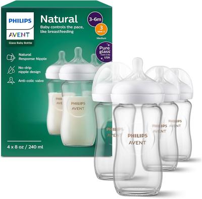 Amazon.com : Philips Avent Natural Glass Baby Bottles with Natural Response Nipples (Slow Flow, Flow 2), 4oz, 4-Pack, SCY910/04 : Baby