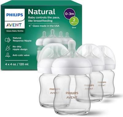Amazon.com : Philips Avent Natural Glass Baby Bottles with Natural Response Nipples (Slow Flow, Flow 2), 4oz, 4-Pack, SCY910/04 : Baby