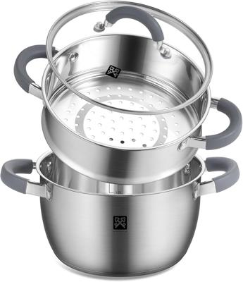 Steamer Cooking 20 cm, 3.2 QT Steam Pot with Glass Lid, 2 Tier Stainless Steel Steamer with Basket, Induction Potato Couscous Pot Suitable for Vegetab