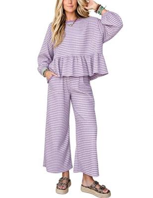 APAFES Womens Gingham 2 Piece Outfits Lounge Matching Pants Sets(Purple-M) | Long sleeve bohemian peplum tops, ruffle hem, wide leg pants with pockets