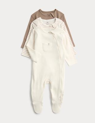 3 Pack Cotton Rich Ribbed Sleepsuits | M&S |