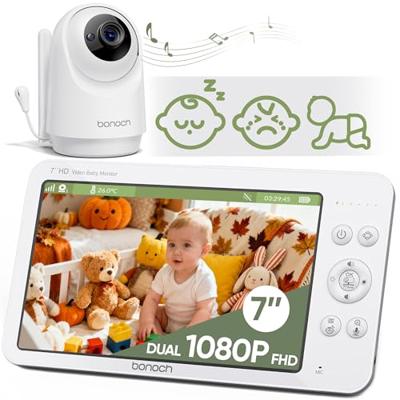 bonoch 2026 Upgraded V2.0 Baby Monitor No WiFi, 7 1080P MegaView Video Monitor with Camera and Audio, Sleep/Crying/Motion Detection, 6000mAh Battery,