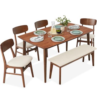 Best Choice Products 6-Piece Mid-Century Modern Dining Room Set, Wooden Table, Chairs, Bench, Walnut, Cream - Walmart.com