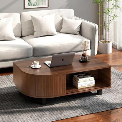Amazon.com: sunmiler Mid-Century Modern 39.4 Coffee Table - Leaf-Shaped Wood Center Table with Storage, Retro Fluted Central Table with Sliding Door f