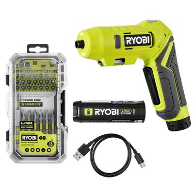 RYOBI USB Lithium Screwdriver Kit with 2.0 Ah USB Lithium Battery, Charging Cable, and Impact Rated Driving Set (40-Piece) FVD50K-A964001 - The Home D