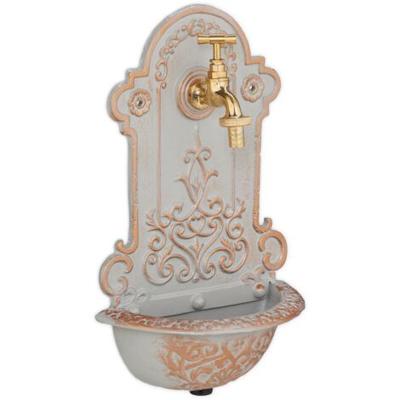 Relaxdays Wall Fountain, Antique Design, Basin & Water Tap, for Garden & Patio, 36 x 22 x 10.5 cm, Cast Iron, Gold/Grey | French wall mounted water fo