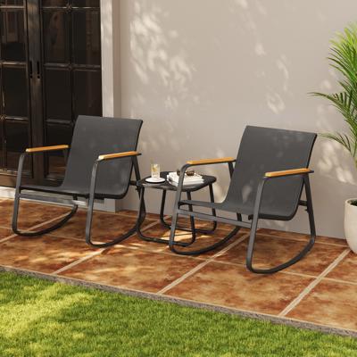Ebern Designs 3 Piece Outdoor Patio Set with Textilene Rocking Chairs and Solid Wood Armrests & Reviews | Wayfair