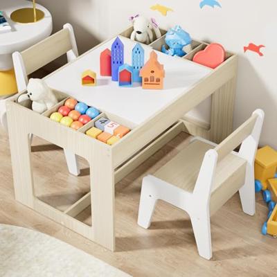 Clevich Kids Wooden Table and 2 Chairs Set with Storage Space and Reversible Tabletop, Kids Activity Table for Eating, Crafting and Playing, Toddlers