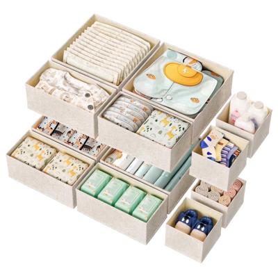 Drawer Organizer for Baby Clothes, Linen Fabric Nursery Organizer for Baby Diaper, Collapsible Deep Fabric Drawer Organizer with Zipper for Socks, Bra
