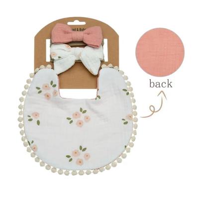 Little Trendy - Baby Floral Cotton Waterproofer Bib And Bows Headband Set, Color 1