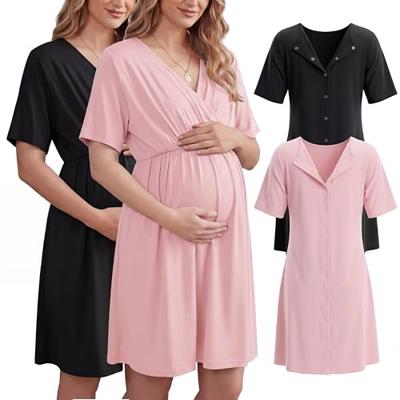 Cutecrop 2 Pack Labor and Delivery Gown for Hospital Maternity Nursing Short Sleeve Gown Button Back Birth Recovery Sleepwear(Black, Pink,L)