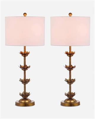 SAFAVIEH Lighting Collection – Set of 2 Lani Antique Gold Leaf 32-Inch Table Lamps, White Drum Shade, LED Bulbs Included, Bedroom Living Room Home Off