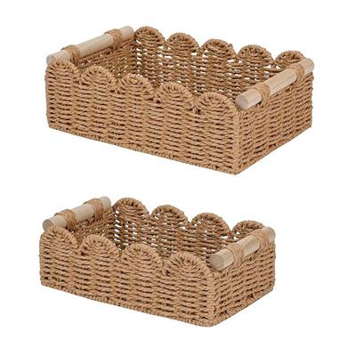 2 Pcs Wicker Storage Basket with Wood Handles, Handmade Rectangular Woven Wicker Baskets for Shelves