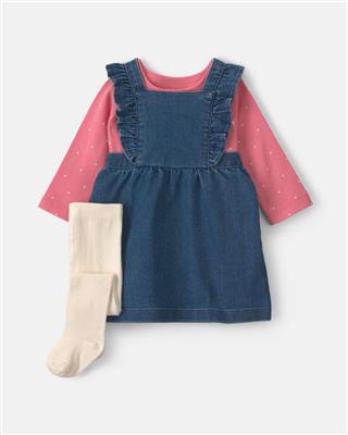 Baby Girl 3-Piece Polka Dot Chambray Long-Sleeve Dress Set - Pink/Indigo | Carter’s Oshkosh Canada