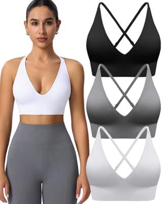 Evercute Womens Sports Bras 3/4 Pack Adjustable Deep V Neck Bras Wireless Spaghetti Strap Criss Cross Padded Low Support Bra