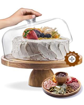 HOMESPHERE Acacia Wood Cake Stand with Lid - Cake Stand with Dome,12in Round Cake Holder, 2-in-1 Dessert Table Display Set & Charcuterie Board for Che