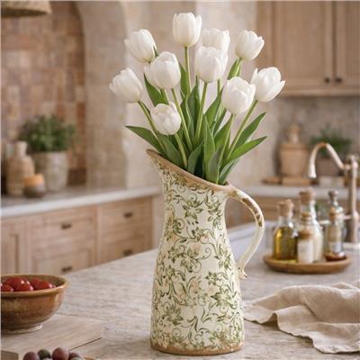 10” Tuscan Ceramic Green Scroll Pitcher Vase | Nearly Natural