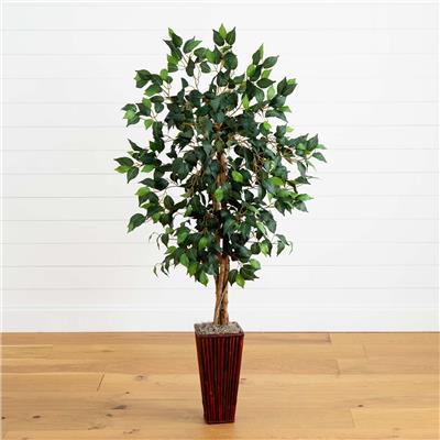 5.5’ Ficus Tree w/Bamboo Planter | Nearly Natural