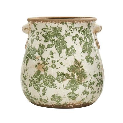 10” Tuscan Ceramic Green Scroll Planter w/ Handles | Nearly Natural