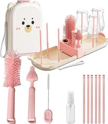 Pink Travel Baby Bottle Cleaner Kit – 6-in-1 Portable Brush Set with Drying Rack & Storage Case | Baby Travel Essentials for Flying, Newborn Bottle Cl