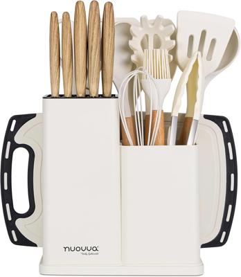 Cooking Utensils Set with Chopping Board – Knife Set with Block – Heat Resistant Silicone Utensils with Wooden Handle, Spoons, Ladles & Spatula – Kitc