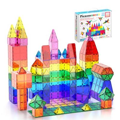 PicassoTiles 60 Piece Set 60pcs Magnet Building Tiles Clear Magnetic 3D Blocks Construction Playboards - Creativity Beyond Imagination, Inspirational,