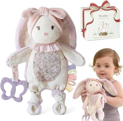 Amazon.com: Moonkie Baby Lovey with Silicone Teether, Bunny Security Blanket with Textured Ribbons, Crinkle Toys, Soft Minky Velour & Natural Cotton,