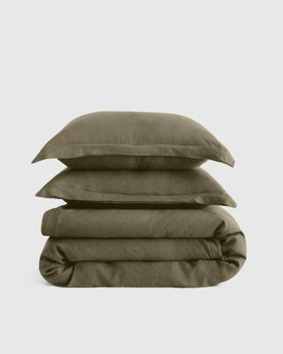 European Linen Double Flange Duvet Cover Set in Dusty Olive