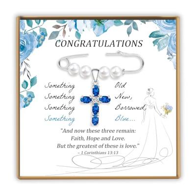 PEALICIOUS Something Blue Gift for Bride, Bridal Shower Gifts from Mom Sister Friend, Blue Bridal Bouquet Charm as Christian Wedding Gifts, Cross Pin
