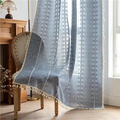 Amazon.com: BCLBUSTE Denim Blue Boho Curtains 96 inch Long 2 Panels for Living Room Bedroom, Rustic Embroidered Striped Sheer Linen Farmhouse Light Fi