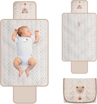 Portable Nappy Changing Mats with Storage Pockets, Foldable Diaper Travel Pad Changing Station 70 x 50 cm Beige with Bear Design for Boys and Girls To