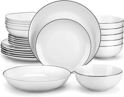MALACASA Dinner Sets for 6 People, 24 Piece Gourmet Porcelain Plates and Bowls Set with Black Rim White Tableware with 6-Piece Round Dinner Plates/Des