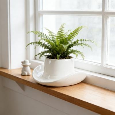 Djiypn Table Planters for Indoor Plants, White Vases for Flowers, Ceramic Cowboy Hat Vases for Decor, for Bathroom, Living Room, Office, and Home Deco