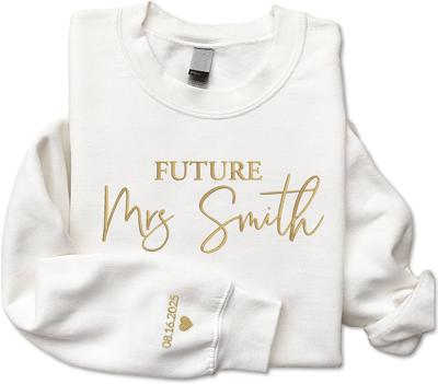 GODMERCH Custom Embroidered Future Mrs Sweatshirt - Personalized Mrs Hoodie, Honeymoon Crewneck, Bride Sweatshirts, Gift for Her, Bride to Be, Wedding