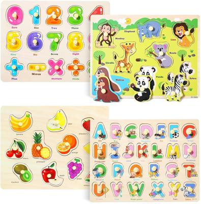 Amazon.com: GRINNNIE Wooden Peg Puzzle for Toddlers 3 4 5 Years Old, 4 PCS Montessori Educational Learning Puzzles Set-Numbers, Letters, Animals and F