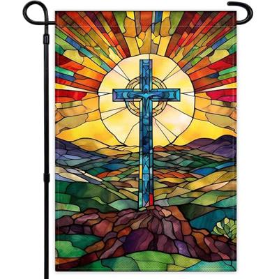 Christian Cross Religious Garden Flag 12x18 Inch Double Sided Jesus Stained Glass Style Garden Flag 3Ply Durable Fabric Christ Garden Flags for Outsid