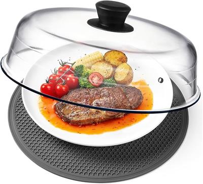 Amazon.com: 2 in 1, Glass Microwave Splatter Cover for Food & Microwave Place Mat, Plate Splatter Guard Lid with Easy Grip Silicone Handle Knob, Boros