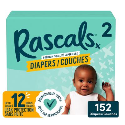 Rascals Premium Absorbent Baby Diapers, Size 2, Carton, 152 Count - Walmart.ca